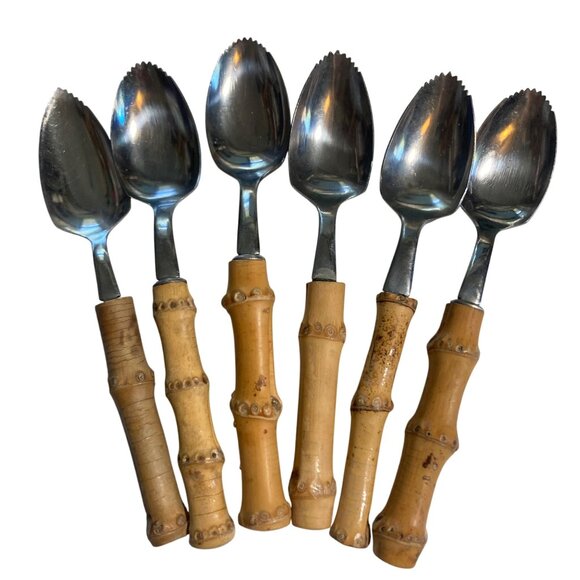 Vintage Bamboo Handle Serrated Grapefruit Spoons Set of 6 Stainless Japan - Picture 1 of 8